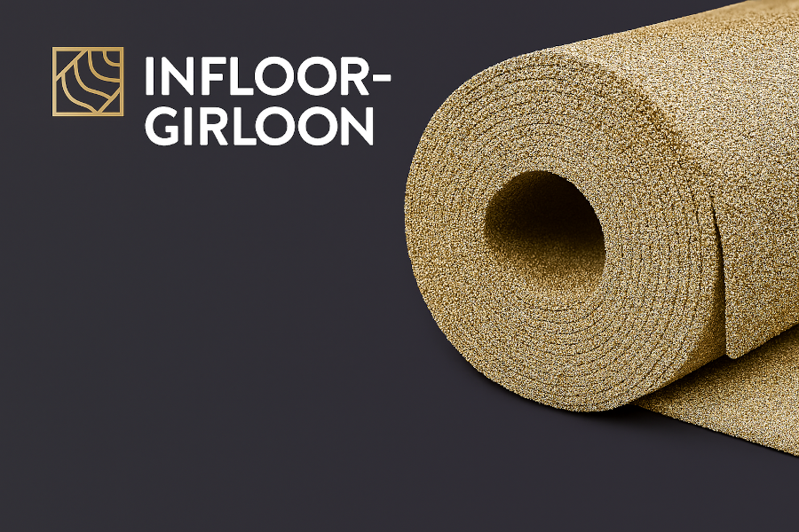 „Kategoriebild für Infloor-Girloon Teppichboden: strukturierter Teppichhintergrund in kräftigem Rot mit weißem Infloor-Girloon Logo oben links und großem Schriftzug ‚INFLOOR-GIRLOON TEPPICHBODEN‘ in Weiß.“